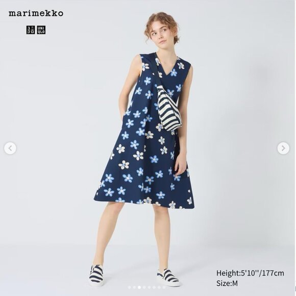 Marimekko x Uniqlo Floral A-Line Sleeveless Midi Dress Size L Navy Blue Pockets - Picture 1 of 10